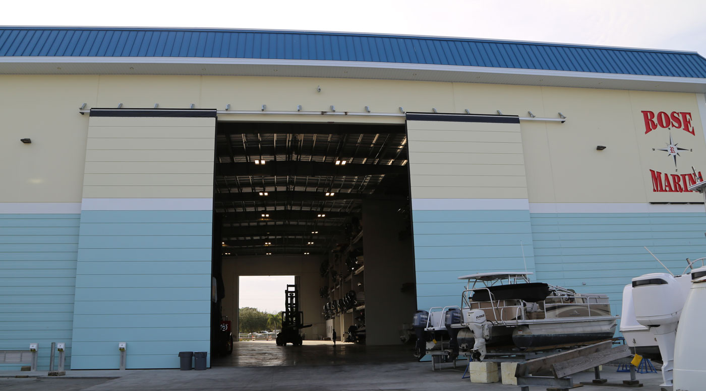 Exterior of Opened Rolling Hangar Door System for Rose Marina in Marco Island, Florida